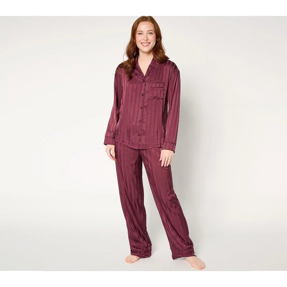 Anne Klein Satin Long Sleeve Notch Collar Pajama Set Size XL FigShdwStripe Comfy - Picture 1 of 9